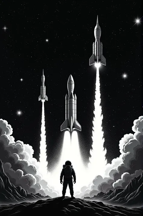 write title and description for t-shirt design website for the image prompt of "Illustrate the wonders of space exploration with cosmic black and white outlines of rockets and astronauts for space-themed t-shirts."