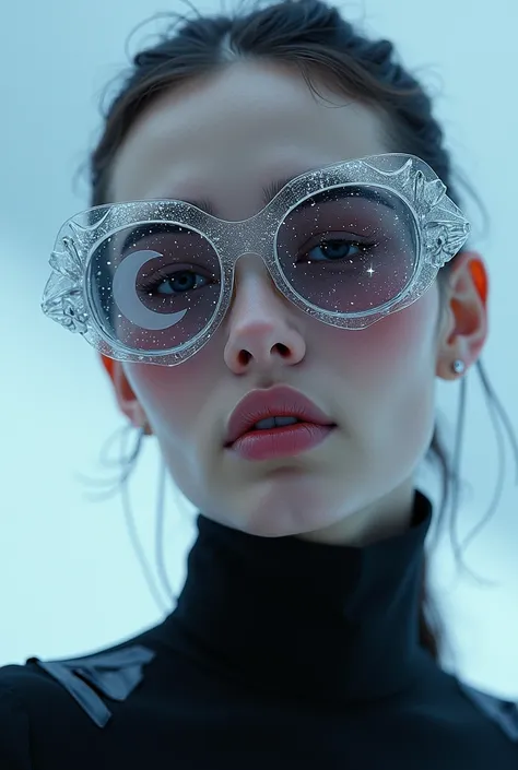 The model is wearing crystal sunglasses with stars and the moon on the glass