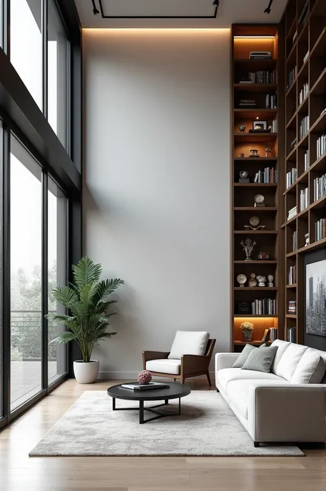 A luxurious living room with all white walls and big black windows. The furniture have a industrial look to it. A lot of big bookshelves. And a recliner by its side. Theres Some cabinets showing prizes and photos on it. And on the wall theres a lot of meda...