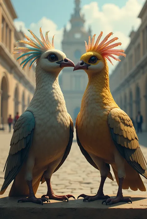 Gerar imagem de 2 Numida meleagris com o pensamento no idioma português 💭 ESSA É NOSSA,HIS 40,with 2 lizards in its beak in front of the city hall 