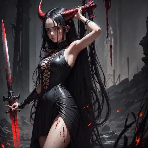 Woman in black clothing bathed in blood and her sword unsheathed Long hair, black hair, Tears, Horns, 