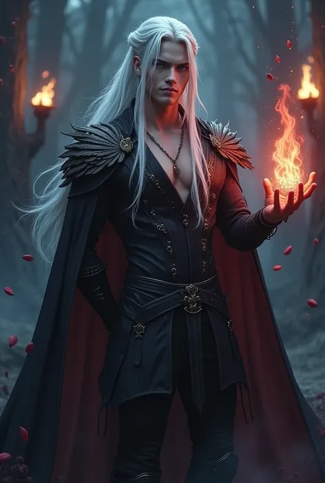 Create a young and handsome prince of hell who is beautiful and attractive, that she has long white hair tied in a half braid and light blue eyes. that he is wearing a black combat outfit, that has shoulder pads in the shape of leaves falling over its shou...