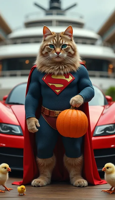 (photorealism:9.16) Make a picture facing the camera of a cat with an orange nose and blue eyes, muscular body, standing in front of a red and black combination bugatti veyron car, wearing a superman suit, luxury cruise ship background, cat hand lifting bi...