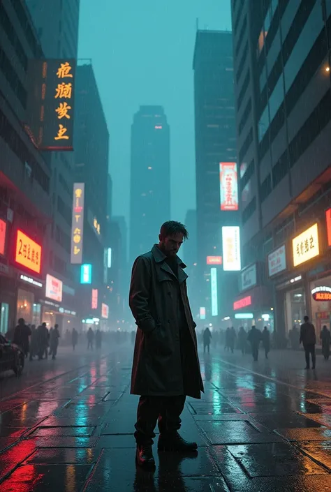 Lonely Man in the World of Blade Runner 2049 in the Rain