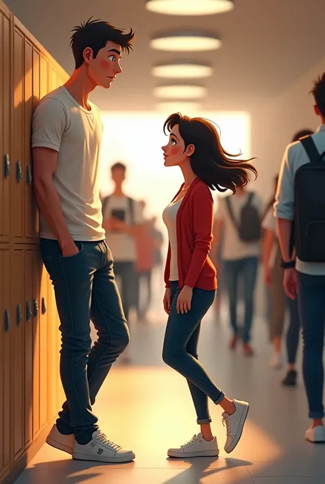 The college hallway is bustling with students rushing to their next class, but amidst the chaos, a tall, animated handsome guy with a straight nose and fair skin stands out. Hes leaning against a row of lockers, his eyes fixed on a short, pretty animated b...