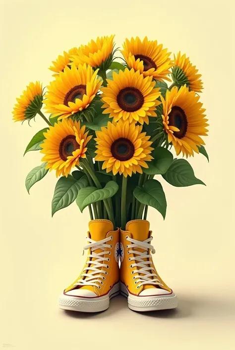 Drawing of a bouquet of sunflowers coming out of a pair of yellow converse shoes