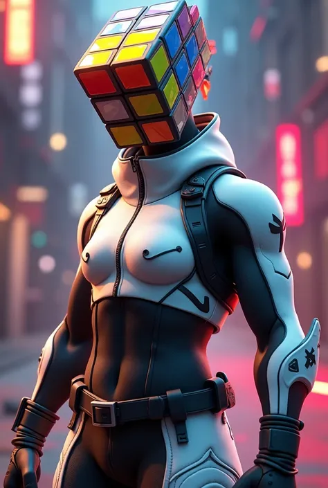 Fortnite action figure warrior, creative rubix cube head, featuring a colorful twist with interlocking squares, wearing a sleek and modern white and black jumpsuit, embodying contemporary gaming aesthetics, striking pose with dynamic movement, exuding conf...