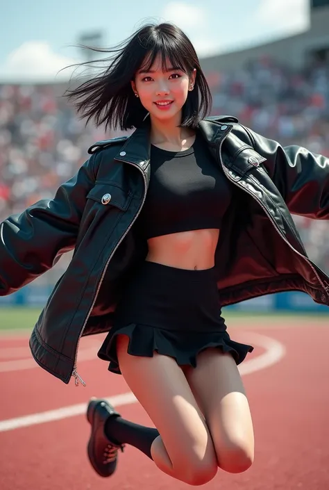 Korean cheerleader wearing black rider jacket and miniskirt