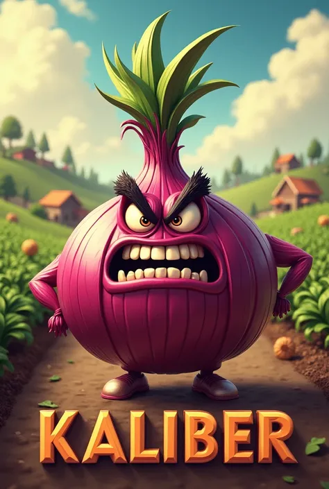 Angry spicy onion, farm land background, with the word kaliber under it
