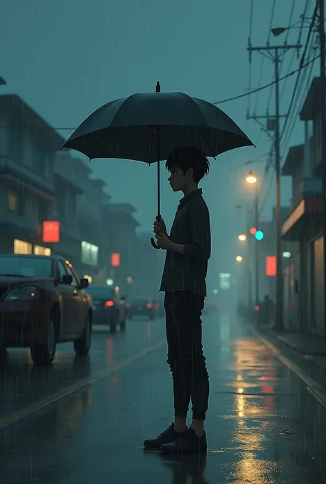 create a anime type landscape image, sad guy , little older than teen, holding umbrella, dark light, raining,