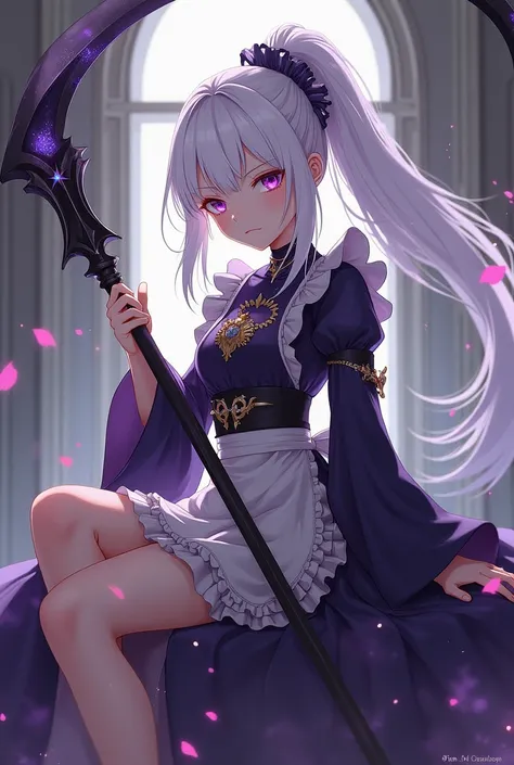 A light skinned battle anime girl, hair tied back in a very large white ponytail, purple eyes, serious and shy facial expression and a maid-servant outfit, that is of legal age, such as 20 years old, that she is very pretty and shy and a little angry, that...