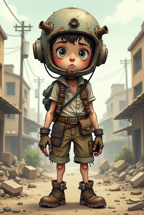 Create a full-body cartoon-style character of a 1 boy who is small, extremely thin, and slightly hunched due to malnutrition. His skin is very pale and covered with visible calluses that protect him from radiation. He wears mismatched, ragged clothes made ...