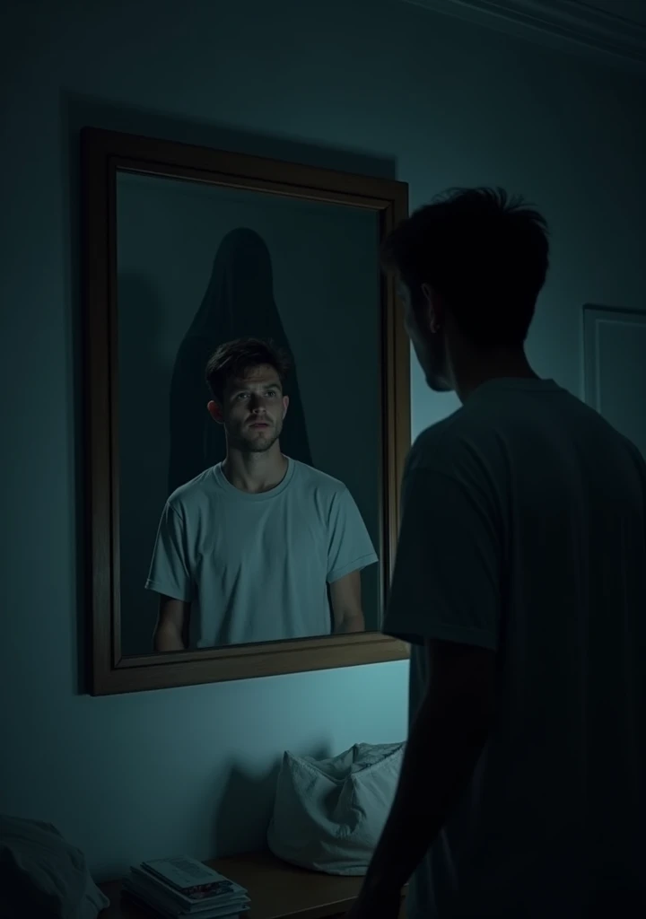 Create a young man in your room at night, he looks in the mirror and gets scared, in front of the reflection there is a shadow with a dark look