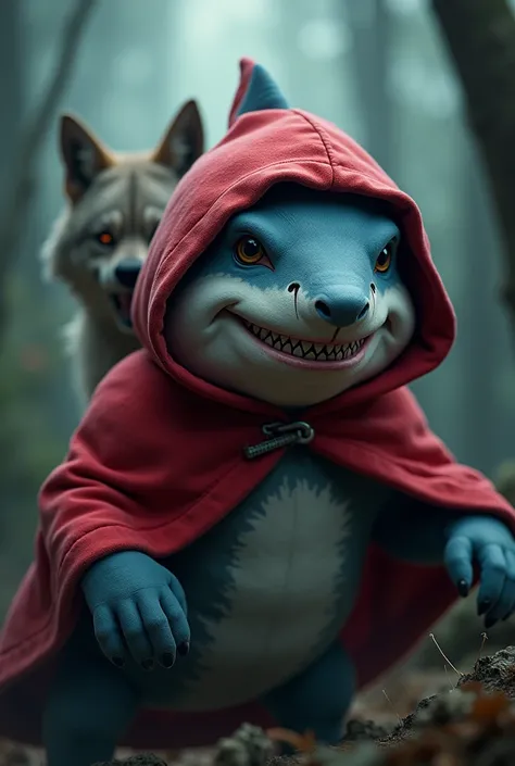 You can create a shark costume of Little Red Riding Hood, That the shark has a smug face, that behind the shark there is a wolf that laughs mockingly at the shark 