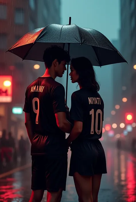 Couples in black Jersey  back print name is Aman name is niyati night rain view red lighting buildings couples in umbrella