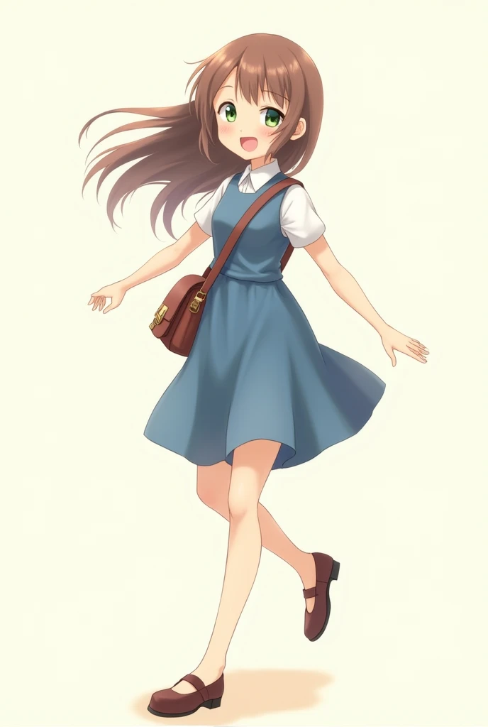 anime woman, cute, brown hair, green eyes, long hair, blue sleeveless dress above blouse, white short sleeved shirt underneath dress, with collars, plain background, walking, carrying a messenger bag, mary Jane shoes, one leg up, cute pose, smiling, happy