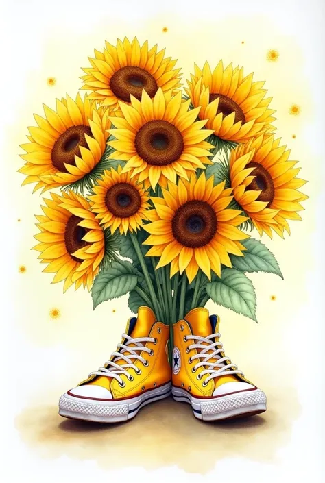 A watercolor drawing of a bouquet of sunflowers coming out of a pair of low top yellow converse shoes