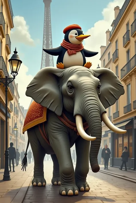 Penguin riding an elephant in Paris
