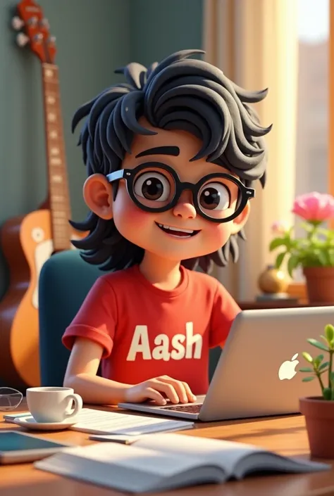 3d cartoon boy wearing " AASH " printed red shirt and wearing a sunglasses and watch on his hand and long hair and working with laptop graphic design and coffee cup,  flower  Vase , books and iphone on his table.  Guitar behind the wall