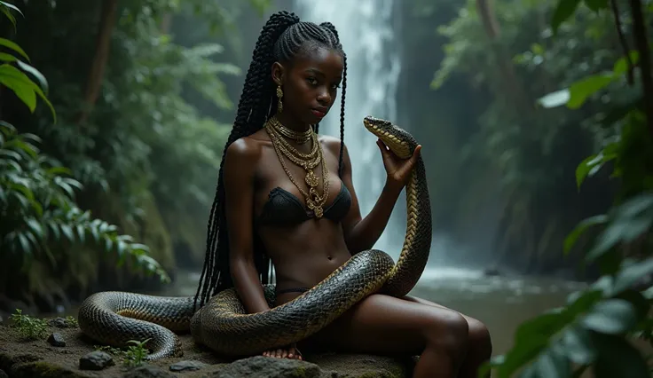 ((full body shot)), EBONY DARK SKIN 14 YO in the jungle, A HUGE SNAKE IS WRAPPED AROUND HER BODY WITH ITS HEAD FACING HER WITH ITS TONGUE OUT HER HAND STROKING THE HEAD OF THE SNAKE,THEY ARE FACING EACH OTHER,,Highly Detailed Face and Skin Texture, ((DARK ...