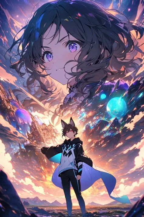 This anime image shows a vivid fantasy scene, and the main characters in the image are mainly a young male character standing in the center of the image, with short black hair, bright blue eyes, and a serious expression as he stares ahead, wearing a black ...