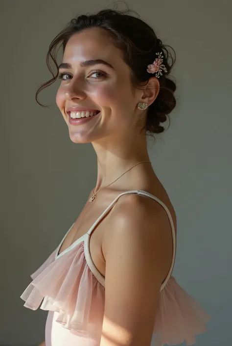 Fashion model photography, Ballet Dress, Strong design sense, Medium Shot, South Italian girl, short hair, hair accessory, Delicate skin, smile, Simple Background, High quality texture, Glare Backlight, Professional Studio Lighting