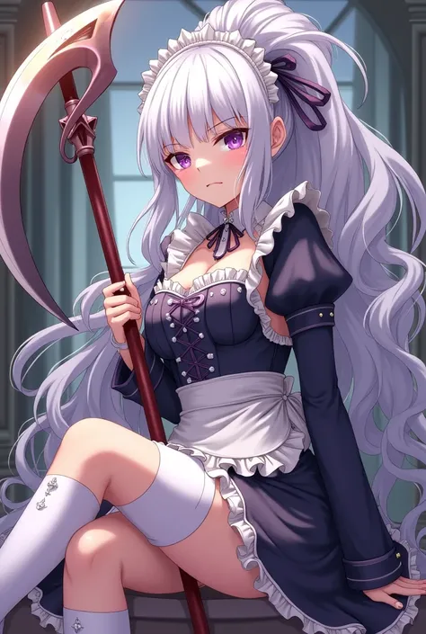 A light skinned battle anime girl, hair tied back in a very large white ponytail, purple eyes, serious and shy facial expression and a maid-servant outfit, that is of legal age, such as 20 years old, that she is very pretty and shy and a little angry, that...