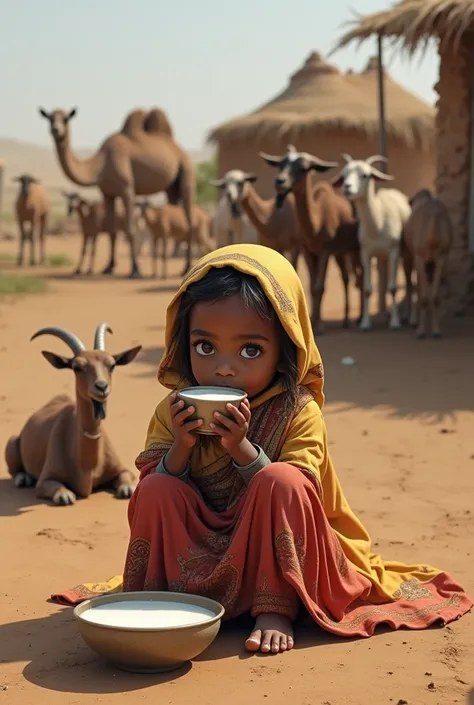 Somalia girl dirnka milk near camal and goats 

