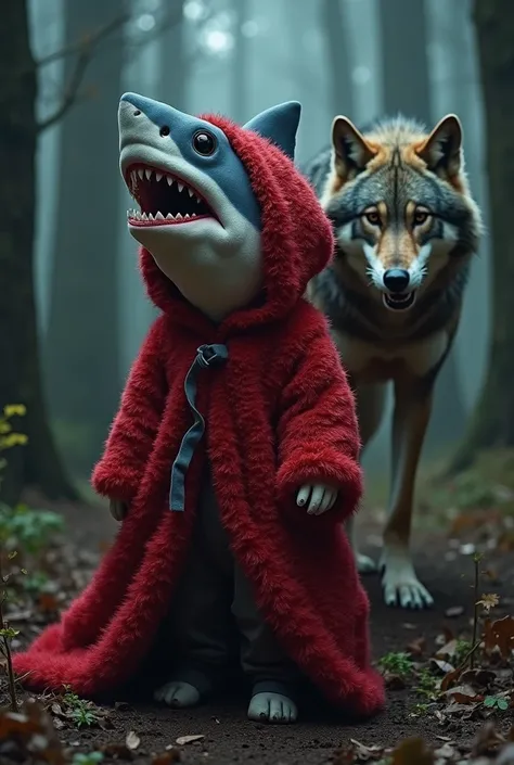 You can create a shark costume of Little Red Riding Hood, That behind the shark there is a wolf that wants to eat the shark, that slowly approaches from behind to attack him