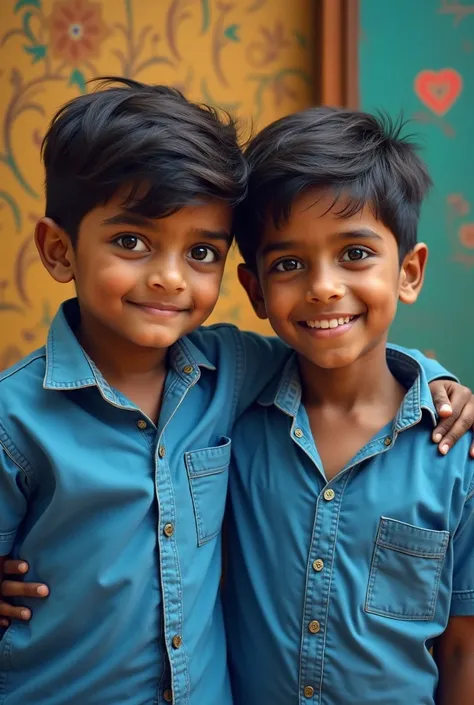 Create a picture of a 2 desi boy wearing a blue color shirt.