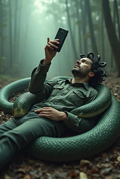 arafed man laying on the ground with a snake and a cell phone, snake is surrounding them, snake human hybrid, giant snake, lower half of his body is snake, viral photo, snakes in place of hair, hold up smartphone, real hellscape in background, with the hea...