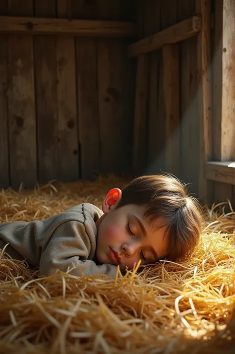 The boy sleeps in the barn on hay