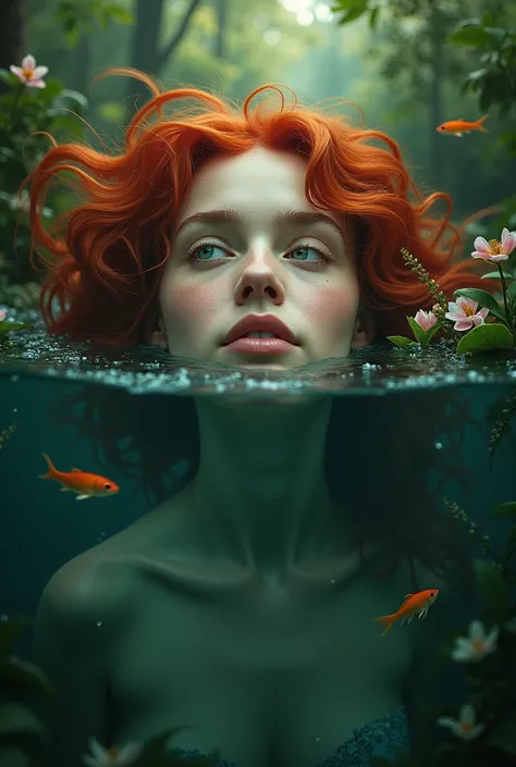 woman face drowning in water with red hairs  in forest in morning time with fishes and flowers and leaves also make her face flat facing towards sky