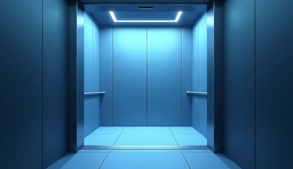 indoor elevator, artwark art style. empty interior. There is nobody. you can see the inside of the elevator. anime. blue lighting. cold lighting. elevator doors open. 