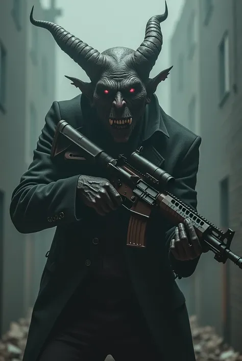 An ugly demon with a horn with a rifle behind a man 