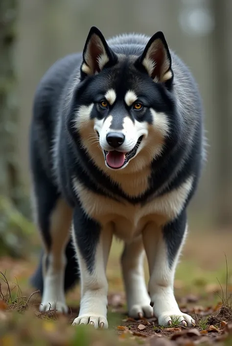 Croisement entre un husky noir et blanc obese morbide et un berger allemand fauve charbonné  oreilles basses
