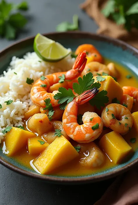 A light and aromatic curry made with seafood and tropical fruits like mango and pineapple, common in fusion cuisine on the islands of Oceania
