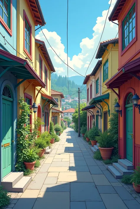 Chat, could you create an illustration of a street from the side, showing houses and everything, in front of a square, only that not dentro da praça, showing her gate. I don&#39;t want you to make a straight street, but at least showing the houses, only si...