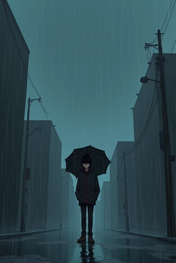 create a anime type landscape image, sad guy , little older than teen, holding umbrella, dark light, raining, black jacket, in the middle of the road, low angle, Far Perspective, Side facing