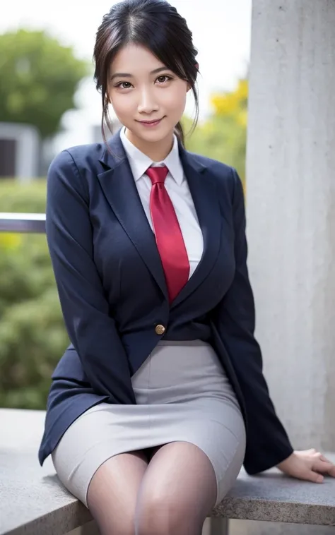 girl, hyper realistic, masterpiece, smile, portrait, bobhair, light gray pencil skirt suit, white shirt, red tie, pantyhose