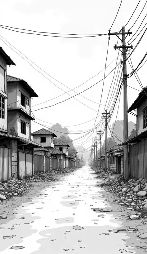 A Bangladesh roadside, very poor, empty population, cartoonish, cartoon style like sinchan, easy animation lining, black and white texture 