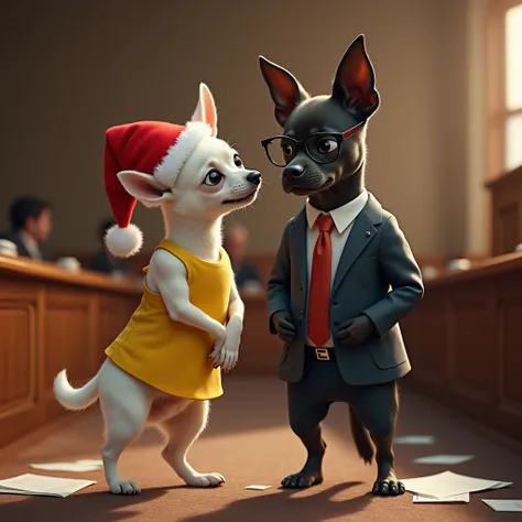 A realistic image of a white Chihuahua dog standing upright on two legs in a well-lit courtroom. The Chihuahua is wearing a Santa hat and a bright yellow dress, and is leaning slightly forward as if whispering something secretively to a black American Bull...