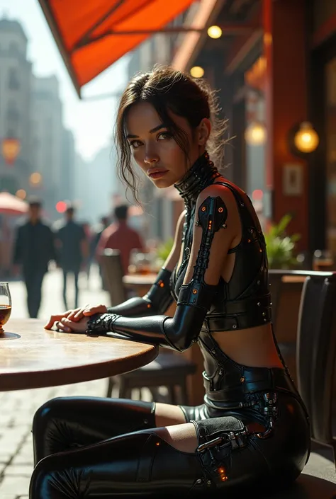 Sexy female cyborg sits erotically at a table in a street cafe, foot on foot