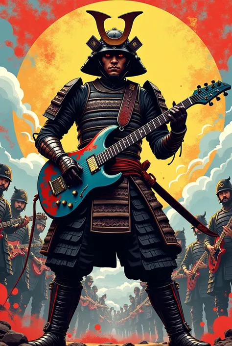 Modern Japanese samurai with guitar in the battle field whit his music band drums piano pop art