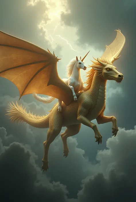 Golden dragon flying a white unicorn on its back,stormy sky background 