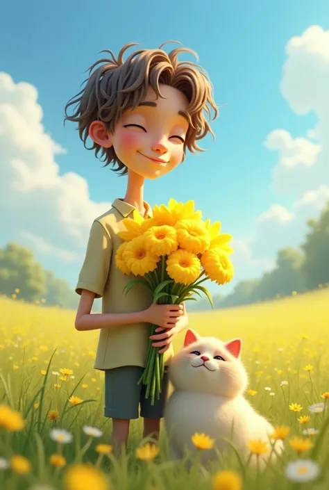 Generate an image of a tall, thin guy with fair skin and puffy loose hair covering his face up to a little above his nose smiling while holding a bouquet of yellow flowers in a beautiful sunny field with a fat cat 