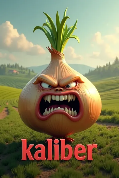 Angry  onion, farm land background, with the word kaliber under it, hyper realism, logo
