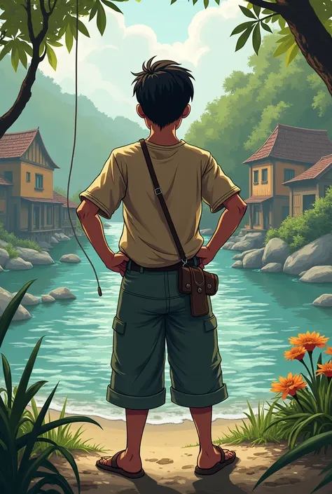 
Akash by the River: Illustrate Akash standing by the riverbank, looking determined. The water is shimmering, and in the background, you can see the village. Akash is preparing to catch the mysterious tilly, with his hands on his hips, ready for action.