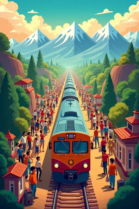 Animated Indian railway advertisement poster with bright bold and colourful 