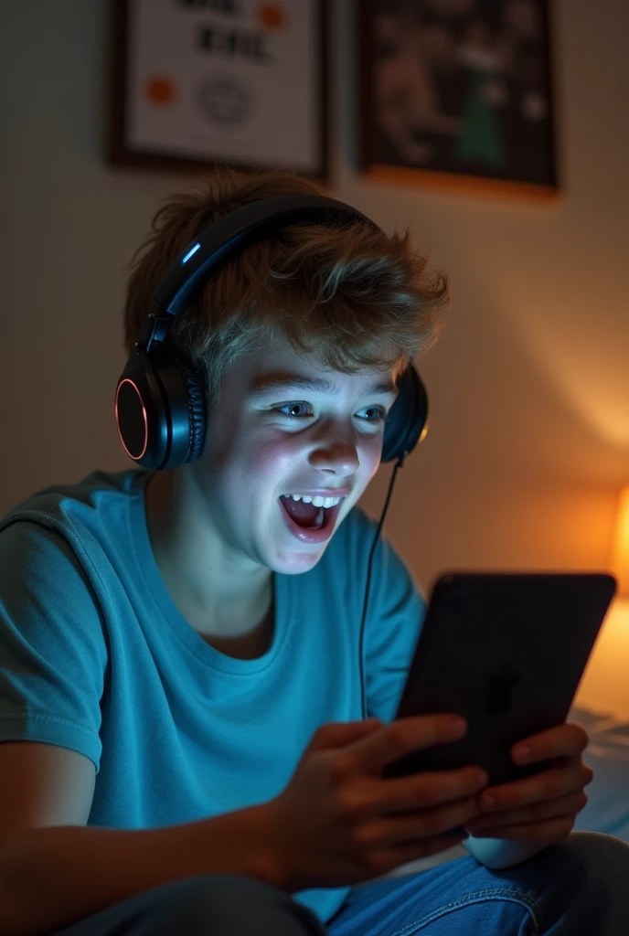 A  teenager wearing headphones and reacting to funny videos 